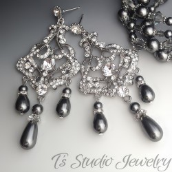 Dark Charcoal Grey Pearl Silver Rhinestone Bridal Chandelier Earrings