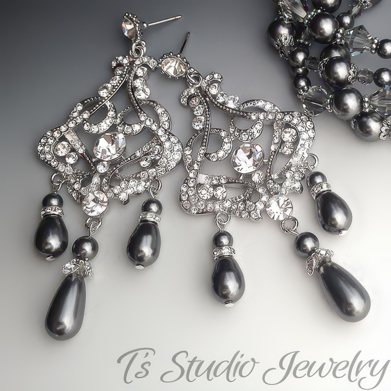 Dark Charcoal Grey Pearl Silver Rhinestone Bridal Chandelier Earrings
