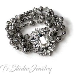 Dark Charcoal Grey Pearl Silver Rhinestone Bridal Chandelier Earrings