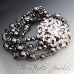Dark Charcoal Grey Pearl Silver Rhinestone Bridal Chandelier Earrings