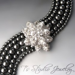 Dark Charcoal Grey Pearl Silver Rhinestone Bridal Chandelier Earrings