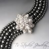Dark Charcoal Grey Pearl Silver Rhinestone Bridal Chandelier Earrings