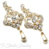 Long Romantic Pearl and Rhinestone Crystal Bridal Chandelier Earrings