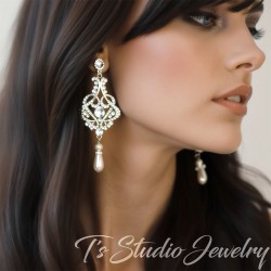Long Romantic Pearl and Rhinestone Crystal Bridal Chandelier Earrings