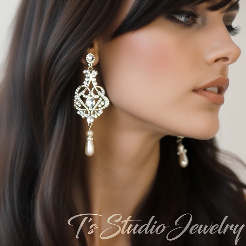 Long Romantic Pearl and Rhinestone Crystal Bridal Chandelier Earrings