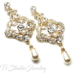 Gold Romantic Pearl and Rhinestone Crystal Bridal Chandelier Earrings