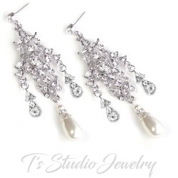 Romantic Vintage Style Rhinestone Crystal and Pearl Chandelier Bridal Earrings - White or Ivory Swarovski Pearl Wedding Jewelry