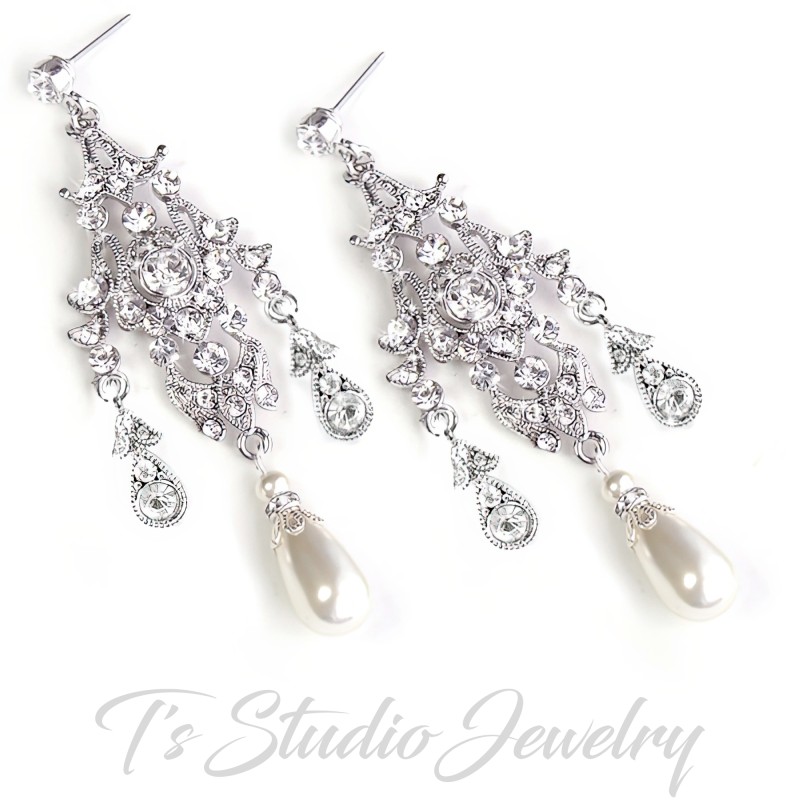 Romantic Vintage Style Rhinestone Crystal and Pearl Chandelier Bridal Earrings - White or Ivory Swarovski Pearl Wedding Jewelry