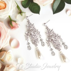 Romantic Vintage Style Rhinestone Crystal and Pearl Chandelier Bridal Earrings - White or Ivory Swarovski Pearl Wedding Jewelry