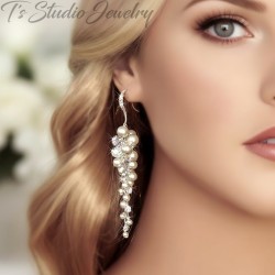 Long Bridal Earrings Pearl and Crystal Cluster - Beach Theme Wedding