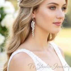 Long Bridal Earrings Pearl and Crystal Cluster - Beach Theme Wedding