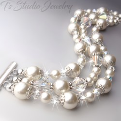Long Bridal Earrings Pearl and Crystal Cluster - Beach Theme Wedding