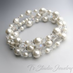 Long Bridal Earrings Pearl and Crystal Cluster - Beach Theme Wedding