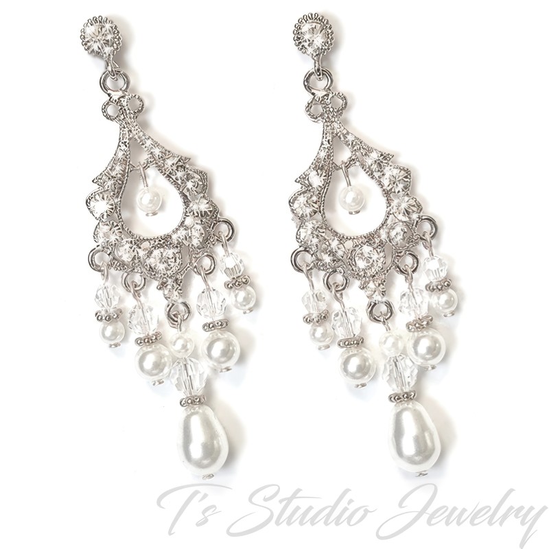 Pearl and Crystal Rhinestone Chandelier Bridal Wedding Earrings