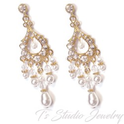 Gold Pearl and Crystal Rhinestone Chandelier Bridal Wedding Earrings