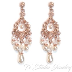 Rose Gold Pearl and Crystal Rhinestone Chandelier Bridal Wedding Earrings