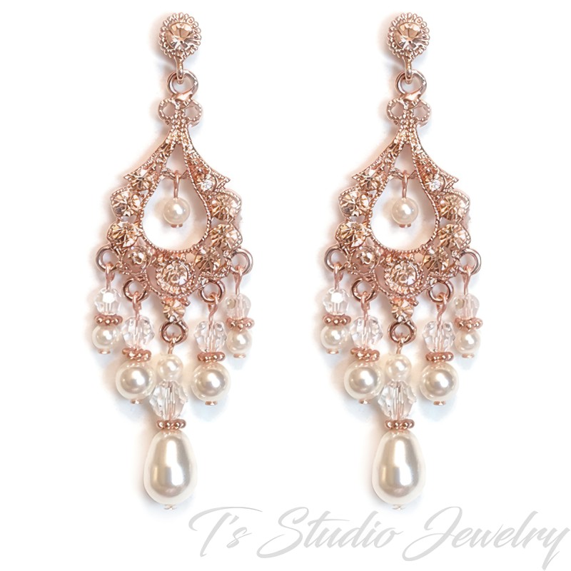 Rose Gold Pearl and Crystal Rhinestone Chandelier Bridal Wedding Earrings