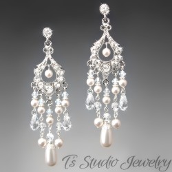 Long Swarovski Pearl and Crystal Rhinestone Chandelier Bridal Earrings