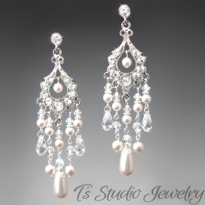Long Swarovski Pearl and Crystal Rhinestone Chandelier Bridal Earrings