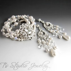Long Swarovski Pearl and Crystal Rhinestone Chandelier Bridal Earrings
