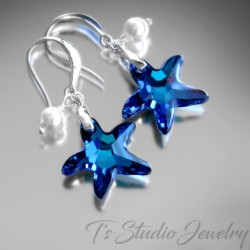 Blue Starfish Pearl Bridesmaid Gift Earrings - Beach Theme Wedding