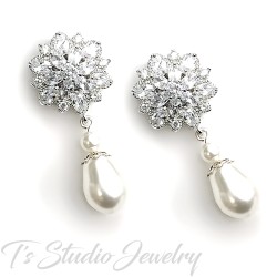 Bridal Earrings CZ Cubic Zirconia Crystal Flower with Teardrop Pearls
