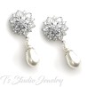 Bridal Earrings CZ Cubic Zirconia Crystal Flower with Teardrop Pearls