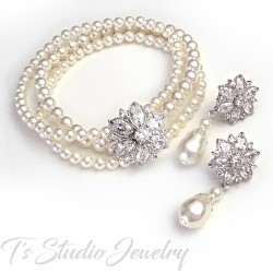 Bridal Earrings CZ Cubic Zirconia Crystal Flower with Teardrop Pearls