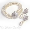 Bridal Earrings CZ Cubic Zirconia Crystal Flower with Teardrop Pearls
