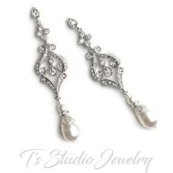 Silver Pave Teardrop Pearl Bridal Chandelier Wedding Jewelry Earrings