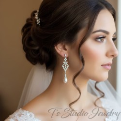 Silver Pave Teardrop Pearl Bridal Chandelier Wedding Jewelry Earrings