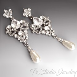 Silver Vintage CZ Teardrop Pearl Bridal Chandelier Wedding Earrings
