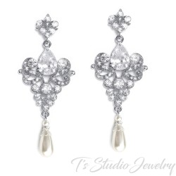 Silver Vintage CZ Teardrop Pearl Bridal Chandelier Wedding Earrings