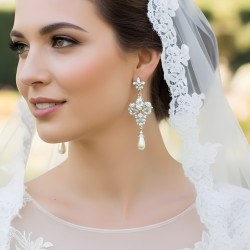 Silver Vintage CZ Teardrop Pearl Bridal Chandelier Wedding Earrings