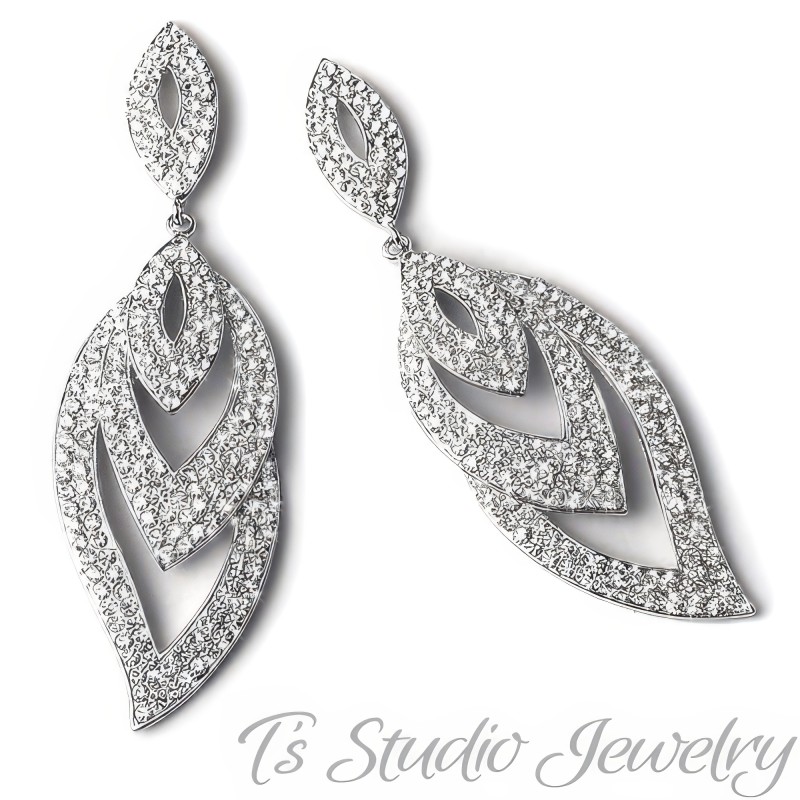 Long Crystal Rhinestone Silver and Clear Pageant Chandelier Earrings