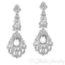 Vintage Great Gatsby Silver Clear Bridal Chandelier Wedding Earrings