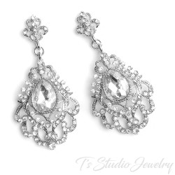 Vintage Great Gatsby Silver Clear Bridal Chandelier Wedding Earrings
