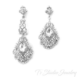 Vintage Great Gatsby Silver Clear Bridal Chandelier Wedding Earrings