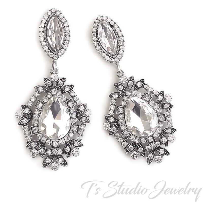 Vintage Style Silver and Clear Bridal Chandelier Wedding Earrings