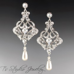 Long Romantic Pearl and Rhinestone Crystal Bridal Chandelier Earrings
