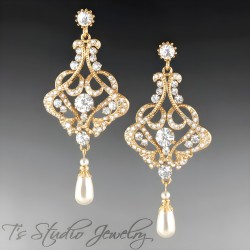 Gold Romantic Pearl and Rhinestone Crystal Bridal Chandelier Earrings