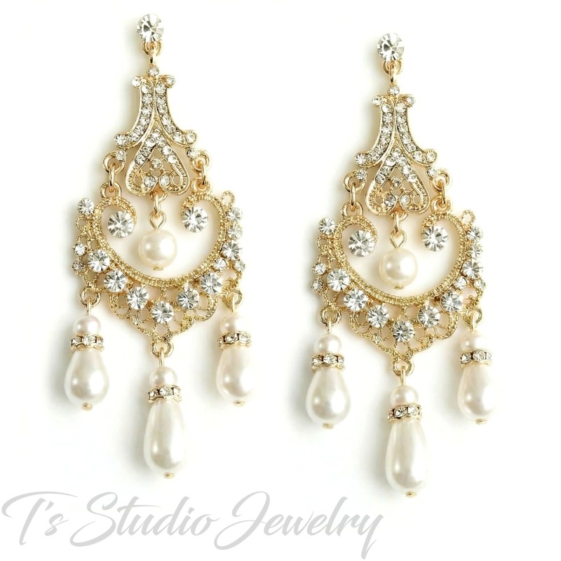Long Gold Pearl and Rhinestone Crystal Bridal Chandelier Earrings