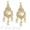 Long Gold Pearl and Rhinestone Crystal Bridal Chandelier Earrings