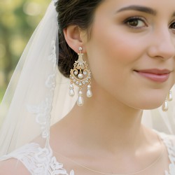 Long Gold Pearl and Rhinestone Crystal Bridal Chandelier Earrings
