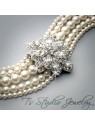 Pearl Cuff Bridal Bracelet 5 Strand with Crystal Flower