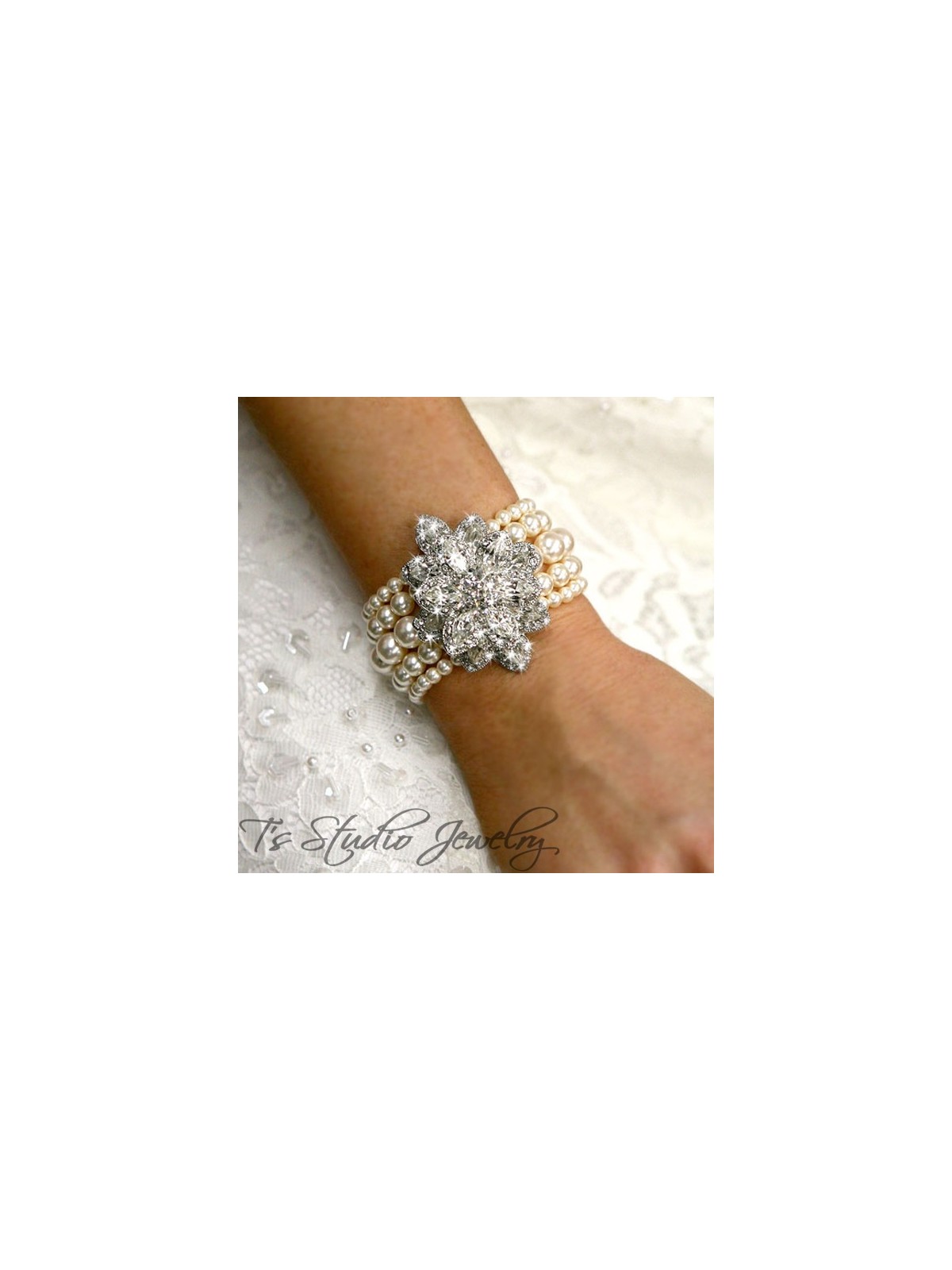 Pearl Cuff Bridal Bracelet 5 Strand with Crystal Flower
