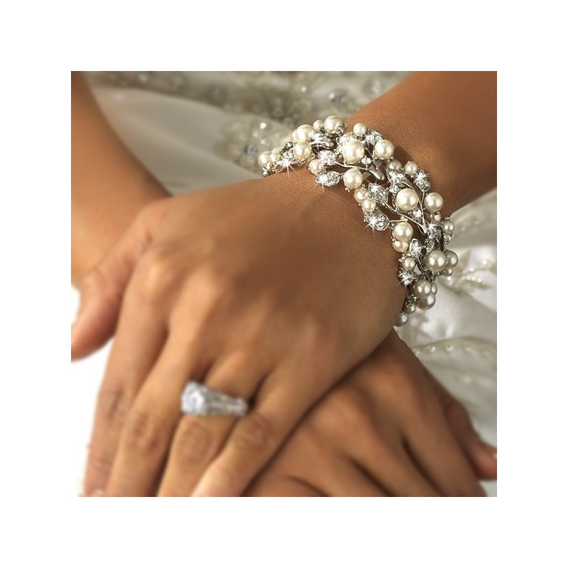 Pearl and Crystal Bridal Cuff Bracelet